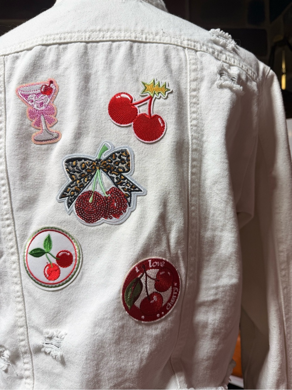 Vanilla Star White Denim Jacket with Red Cherry Patches